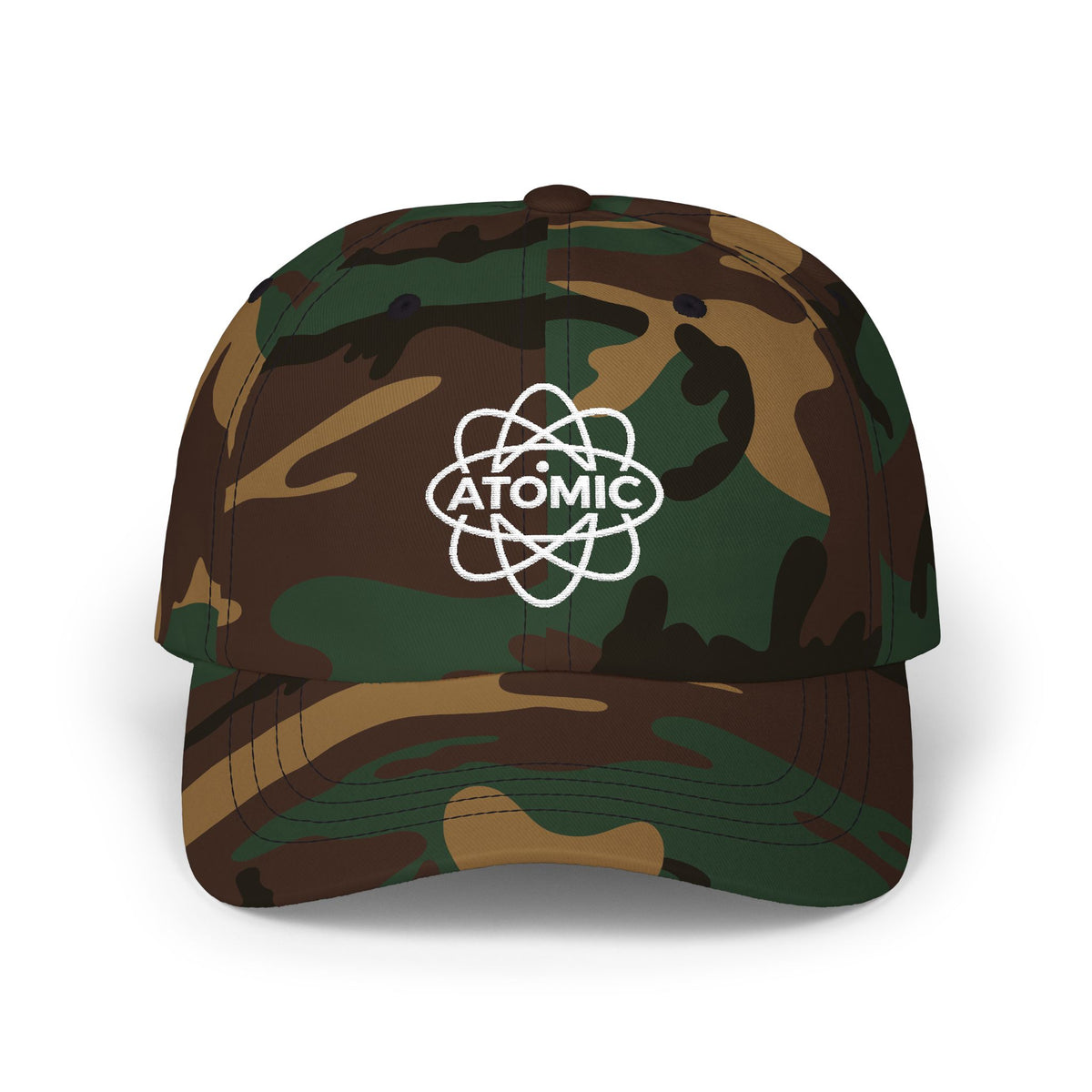 Atomic Fishing Embroidered Dad Cap — Spruce, Camo, Black, Navy & Grey
